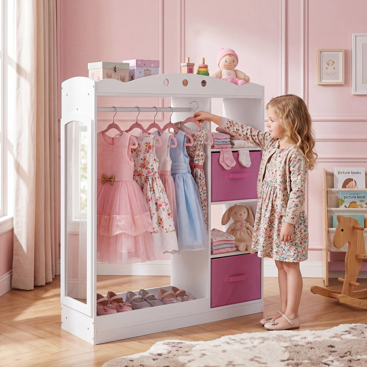 Pink kids dress-up storage furniture with full-length mirror, ideal for organizing costumes and accessories in a child's room.