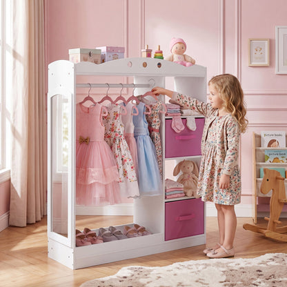 Pink kids dress-up storage furniture with full-length mirror, ideal for organizing costumes and accessories in a child's room.
