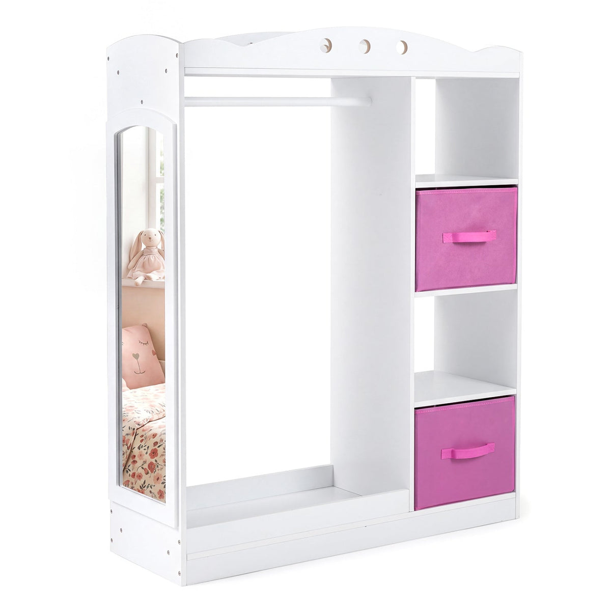 Pink kids dress-up storage furniture with a full-length mirror, designed for children's room organization by GBruno Store