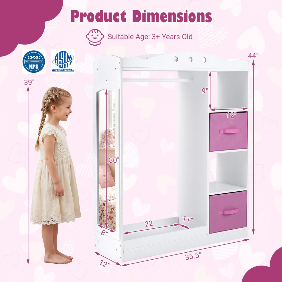 Pink kids dress-up storage furniture with a full-length mirror, ideal for organizing children's clothing and accessories.