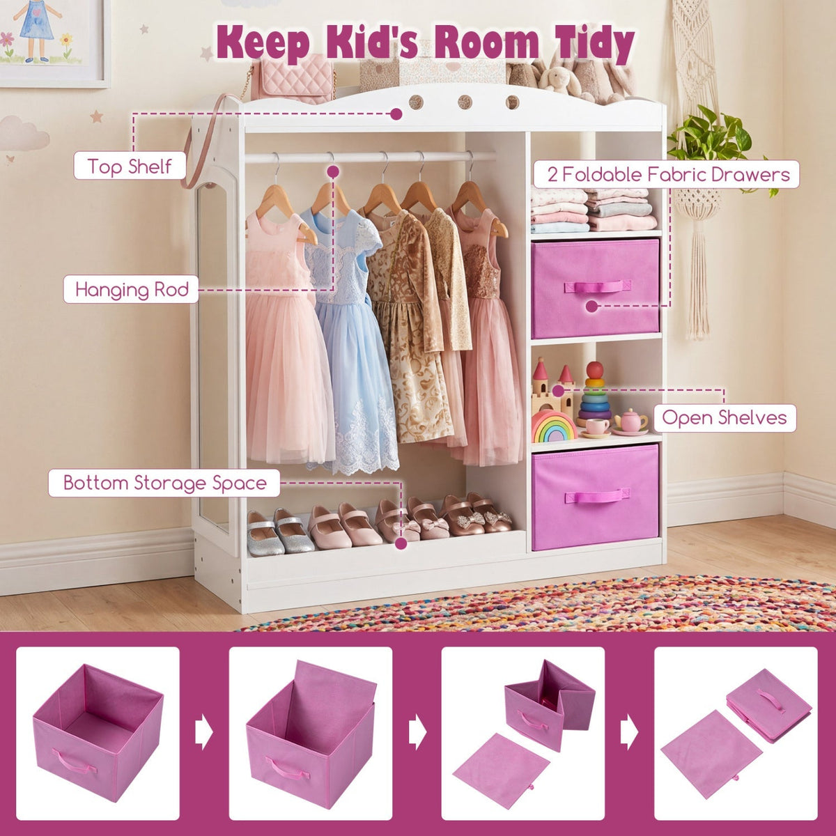 Pink kids dress-up storage furniture with a full-length mirror, designed for organizing children's costumes and accessories.