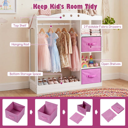 Pink kids dress-up storage furniture with a full-length mirror, designed for organizing children's costumes and accessories.
