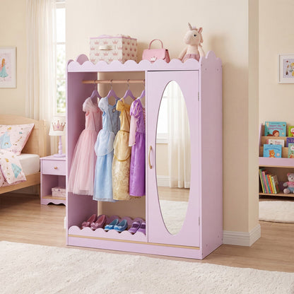 Pink kids storage furniture cabinet with full-length mirror, designed for dress-up clothes and toy organization.