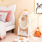 Kids full length mirror with rotatable design and shelf, featuring a colorful frame and sturdy stand for children’s room decor.