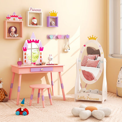 Kids full-length mirror with rotatable design and shelf, featuring a colorful frame suitable for children’s room decor.