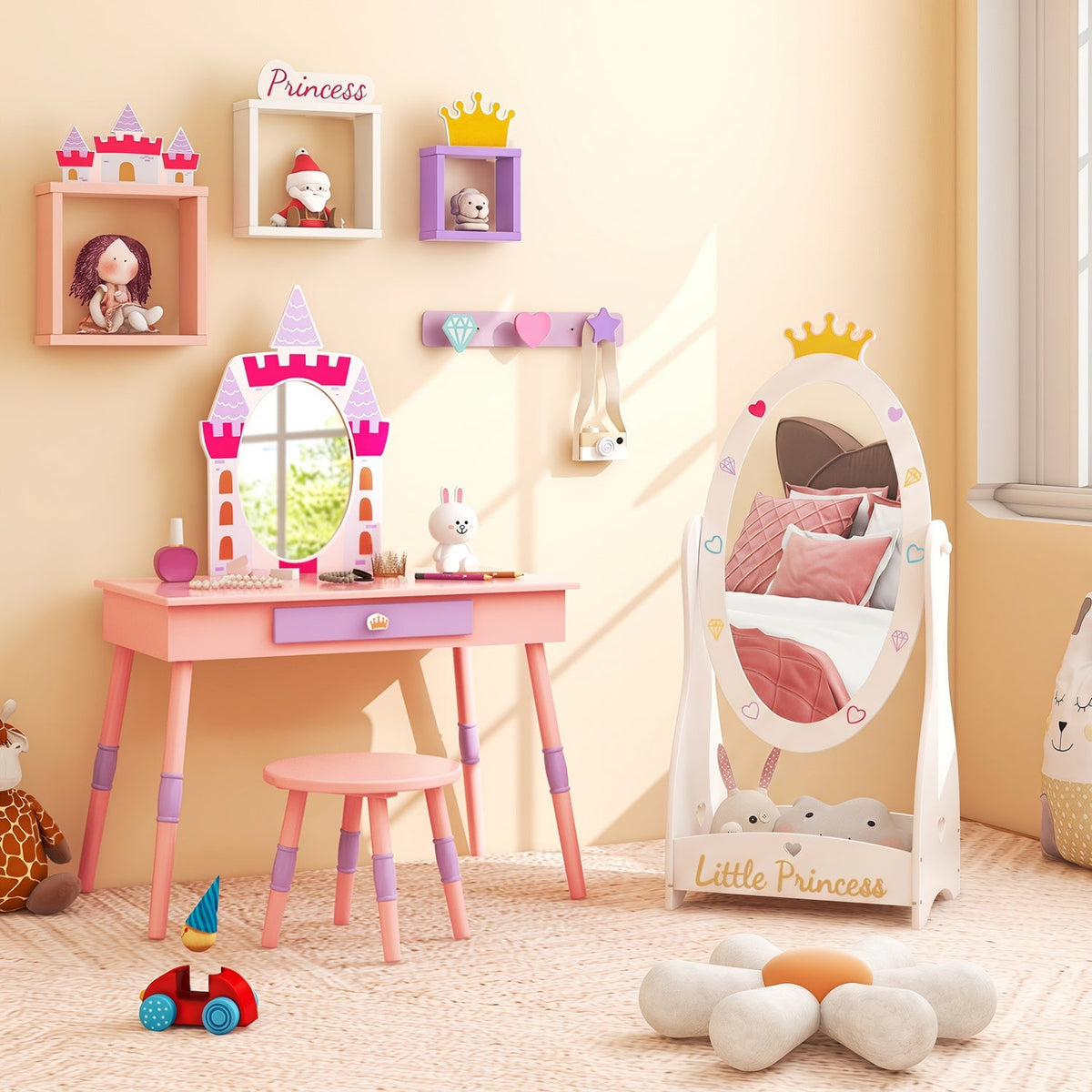 Kids full-length mirror with rotatable design and shelf, featuring a playful, kid-friendly frame and functional storage space.