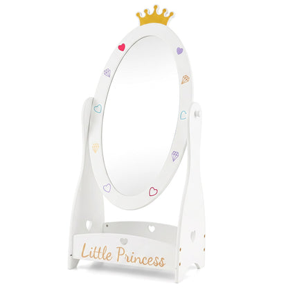Kids full-length mirror with rotatable design and shelf, featuring a sturdy frame and clear reflective surface for children.