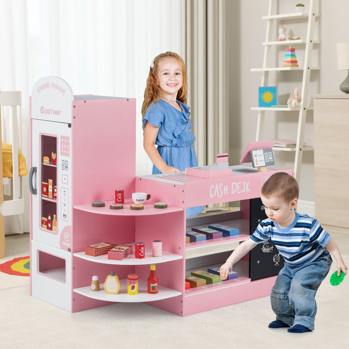 Kids grocery store playset with cash register and POS machine, featuring colorful toy food and shopping accessories for imaginative play.
