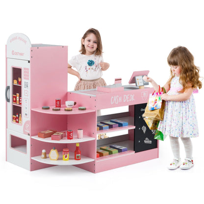 Kids grocery store playset with cash register and POS machine, includes colorful toy food and shopping accessories for imaginative play.