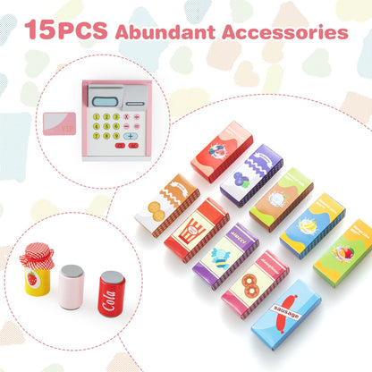 Kids grocery store playset with cash register and POS machine, featuring colorful toy food and shopping accessories.