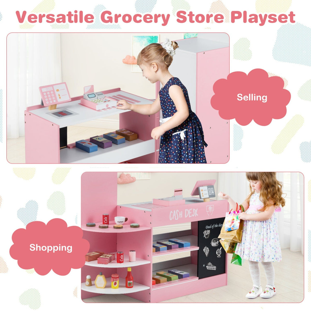 Kids grocery store playset with cash register and POS machine, includes colorful toy food and shopping accessories for imaginative play.
