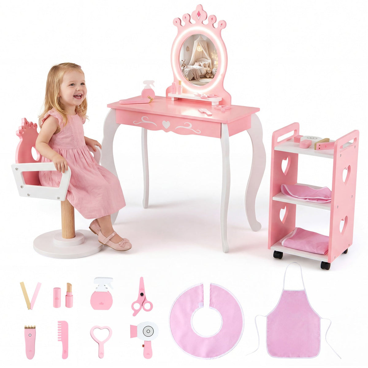 Kids hair salon play set with LED mirror, wooden station, and swivel barber chair for pretend hairstyling fun.
