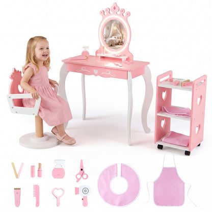 Kids hair salon play set with LED mirror, wooden station, and swivel barber chair for pretend hairstyling fun.