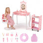 Kids hair salon play set with LED mirror, wooden station, and swivel barber chair for pretend hairstyling fun.