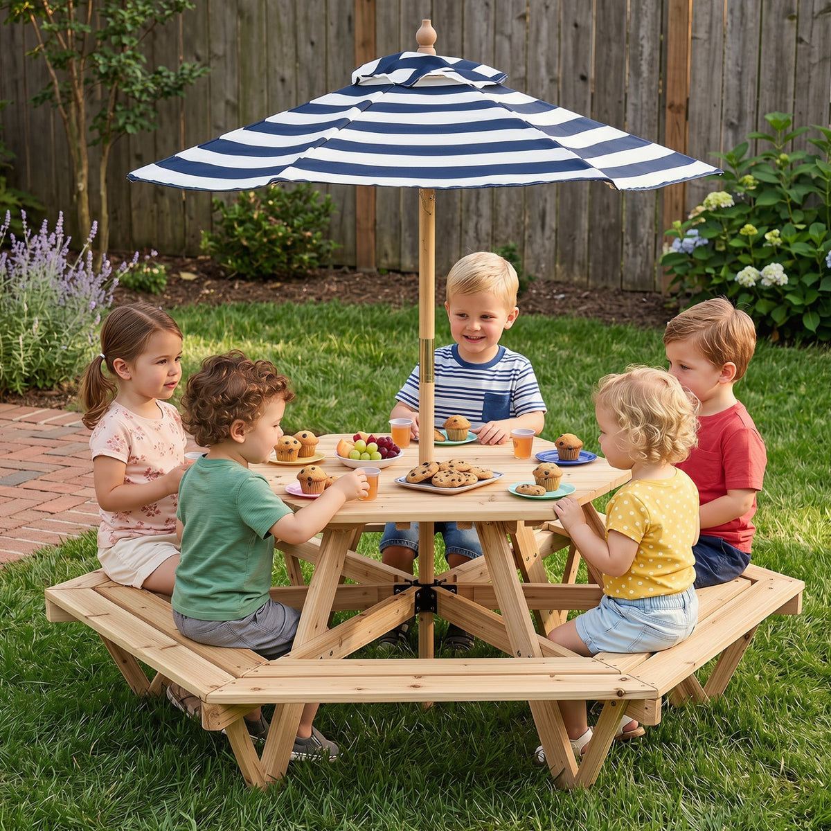 Kids hexagonal picnic table with umbrella and six benches, made of durable kids furniture by GBruno Store.
