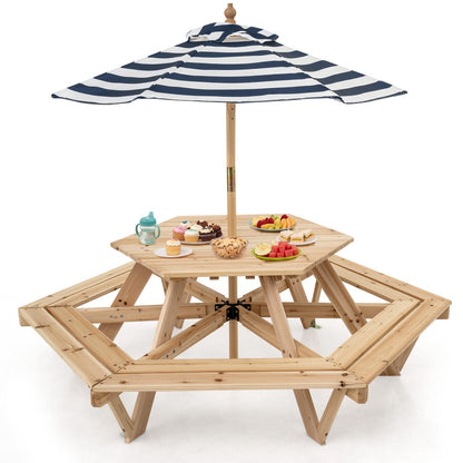 Kids hexagonal picnic table with umbrella and six benches, made of durable kids' furniture from GBruno Store.