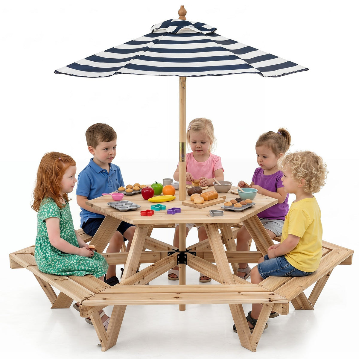 Kids hexagonal picnic table with umbrella and six benches, designed for outdoor kids furniture by GBruno Store