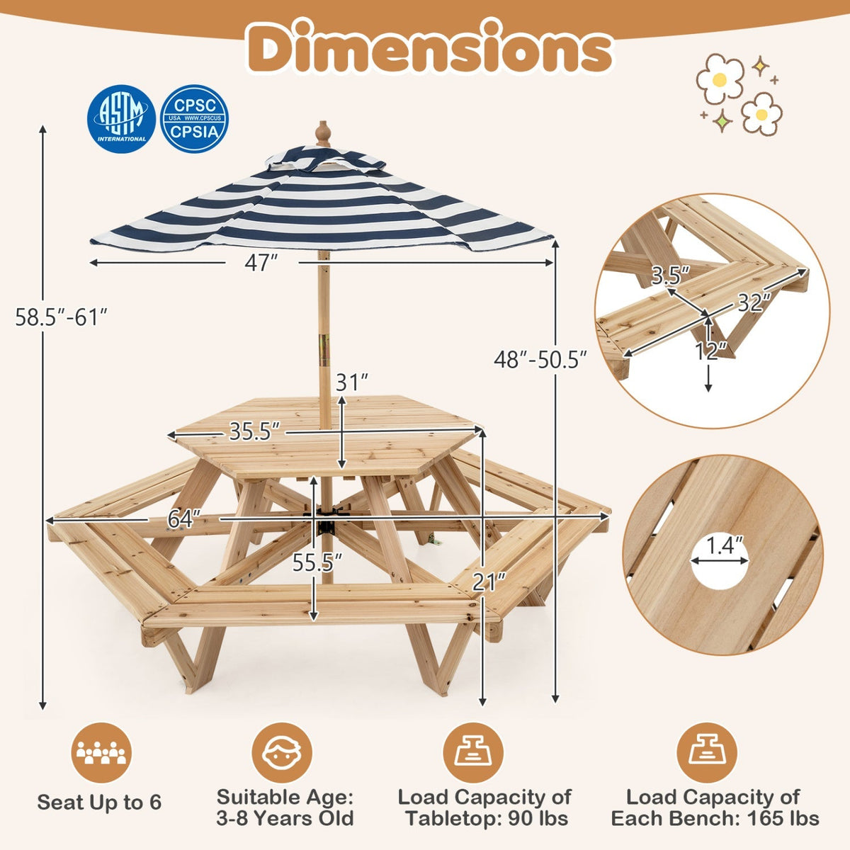 Kids hexagonal picnic table with umbrella and six benches, made of durable kids furniture from GBruno Store.