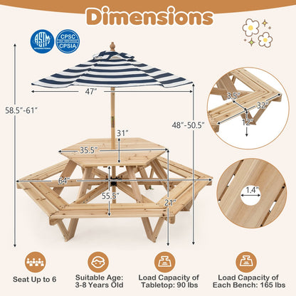 Kids hexagonal picnic table with umbrella and six benches, made of durable kids furniture from GBruno Store.