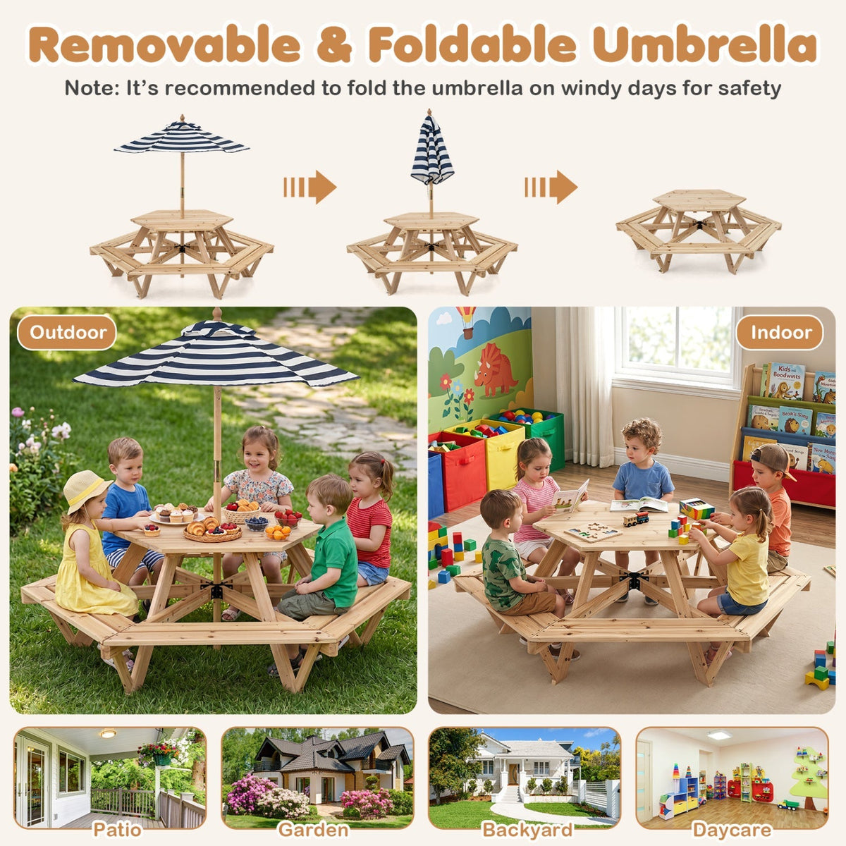 Kids hexagonal picnic table with umbrella and six benches, made of colorful kids' furniture from GBruno Store.