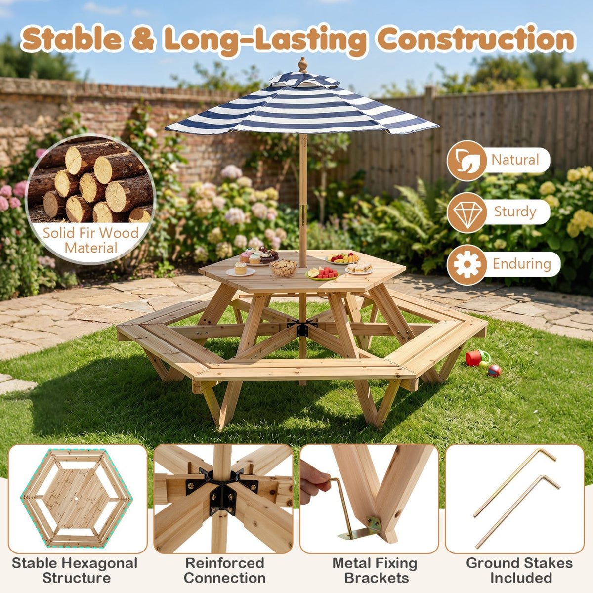 Kids hexagonal picnic table with umbrella and six benches, colorful kids furniture designed for outdoor play and family gatherings.
