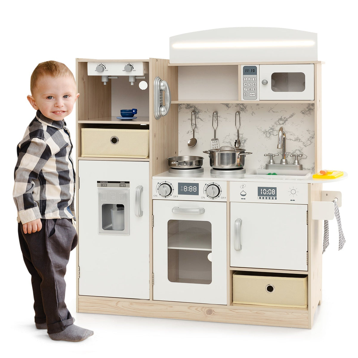 Kids pretend play kitchen set with range hood, ice maker, and telephone, featuring colorful toy kitchen appliances for role play.