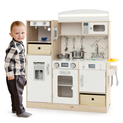 Kids pretend play kitchen set with range hood, ice maker, and telephone, featuring colorful toy kitchen appliances for role play.