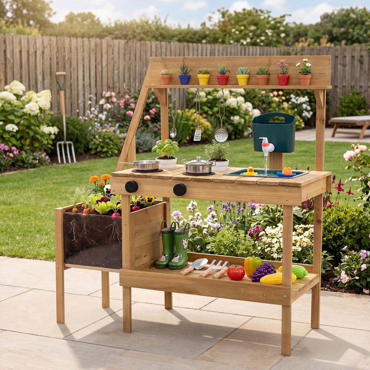 Wooden mud kitchen for kids with a built-in planter box, designed for outdoor play and imaginative gardening activities.