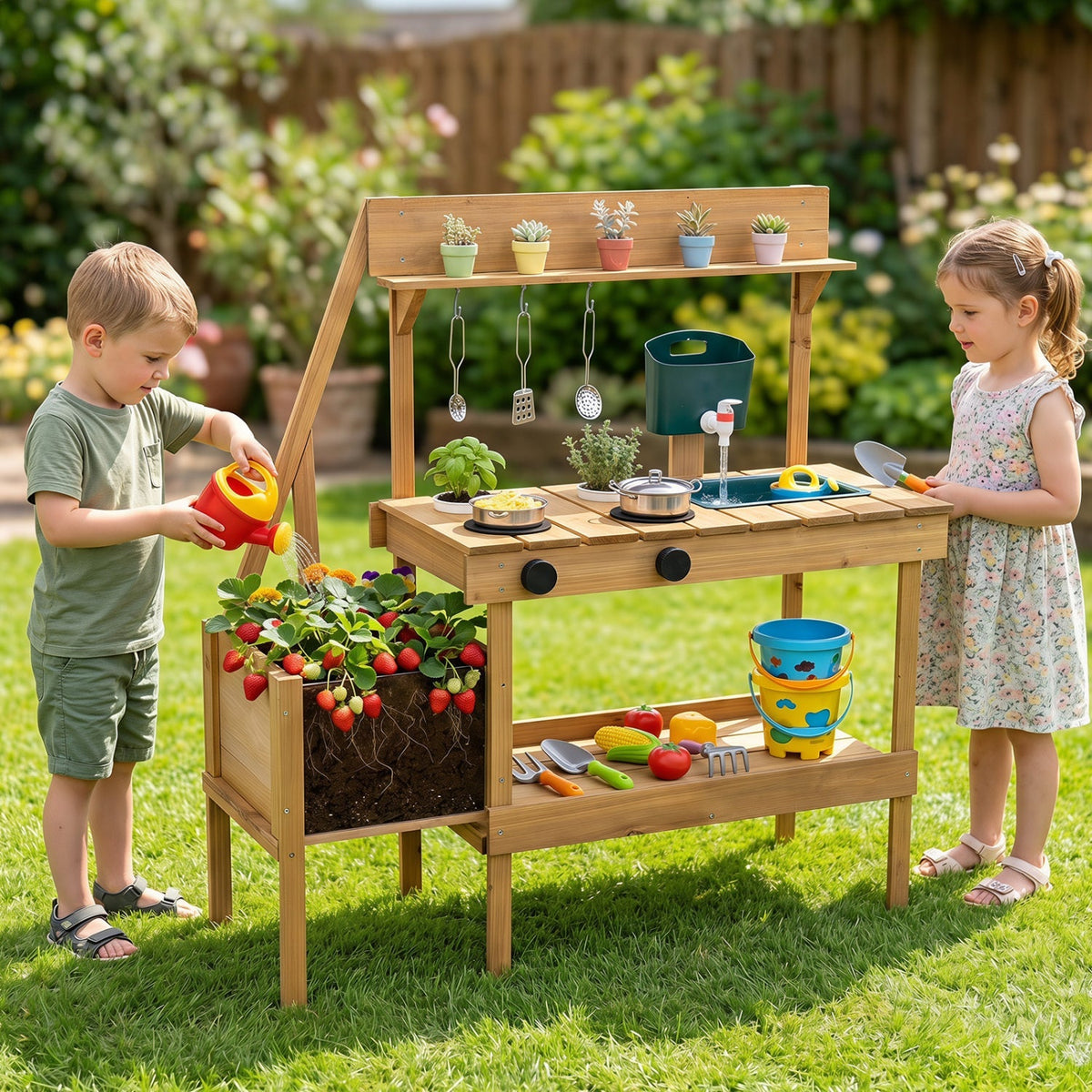 Wooden children's mud kitchen with planter box, outdoor play kitchen by GBruno Store, featuring a rustic design and gardening area.