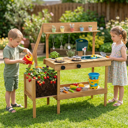 Wooden children's mud kitchen with planter box, outdoor play kitchen by GBruno Store, featuring a rustic design and gardening area.