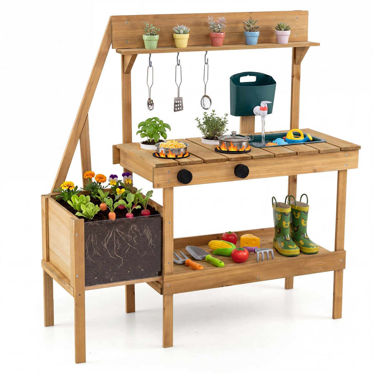 Wooden mud kitchen for kids with a planter box, featuring a play kitchen setup with shelves and colorful accessories.