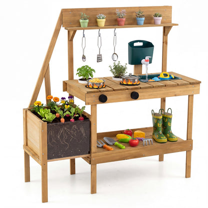 Wooden mud kitchen for kids with a planter box, featuring a play kitchen setup with shelves and colorful accessories.