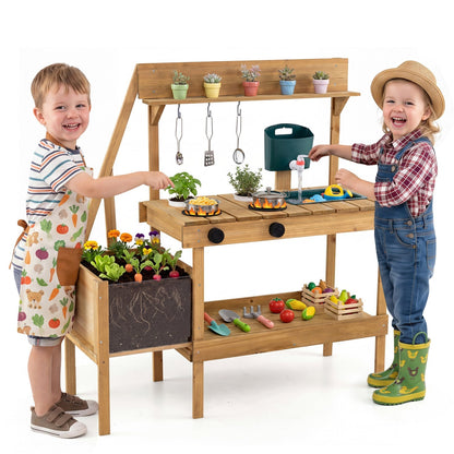 Wooden mud kitchen with planter box for kids, featuring natural wood finish and play sink for outdoor imaginative play.