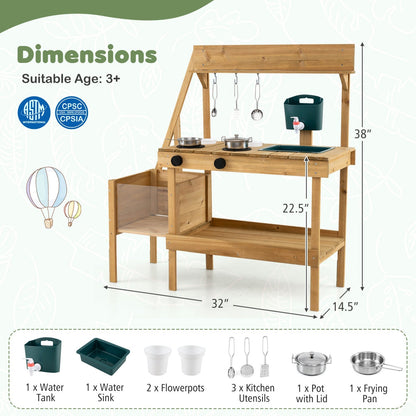 Wooden kids' mud kitchen with planter box, outdoor play kitchen by GBruno Store, featuring a rustic wooden design and gardening area