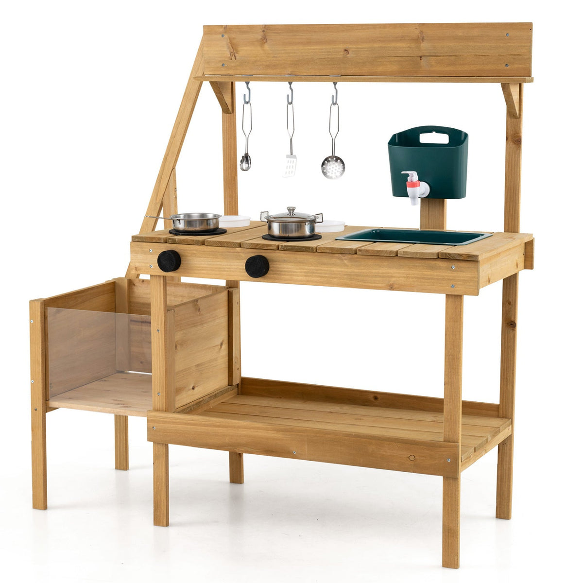 Wooden mud kitchen for kids with a built-in planter box, perfect for outdoor pretend play and gardening activities.