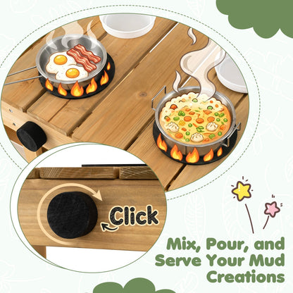 Wooden kids' mud kitchen with planter box, featuring play sink, countertop, and storage shelves for outdoor imaginative play.