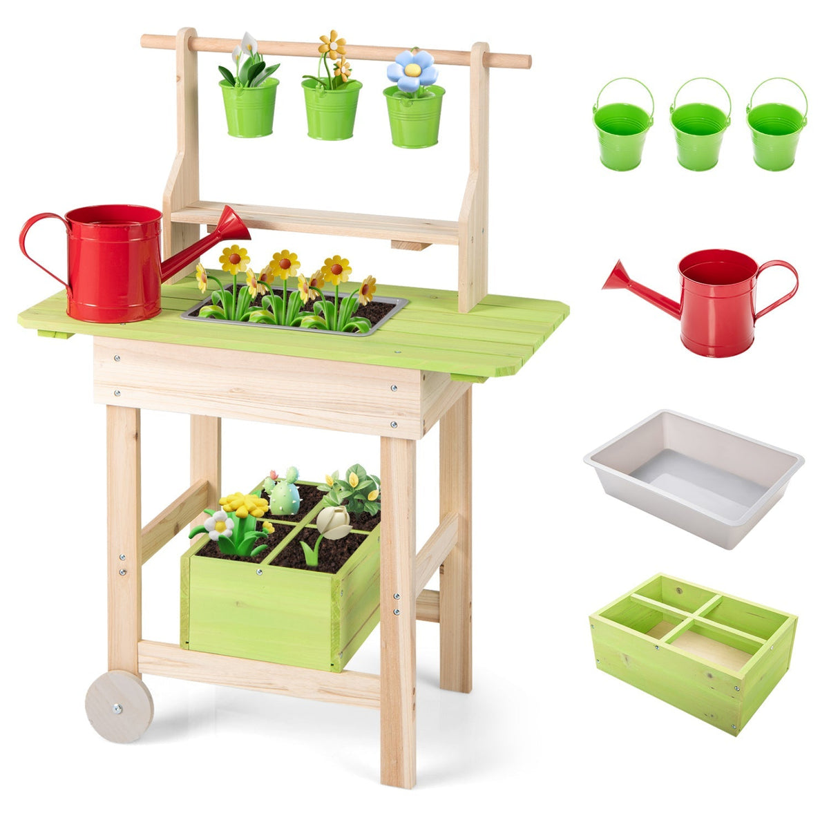Kids mud kitchen with removable pots, planting trough, and play kitchen features, designed for outdoor imaginative play.