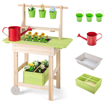 Kids mud kitchen with removable pots, planting trough, and play kitchen features, designed for outdoor imaginative play.