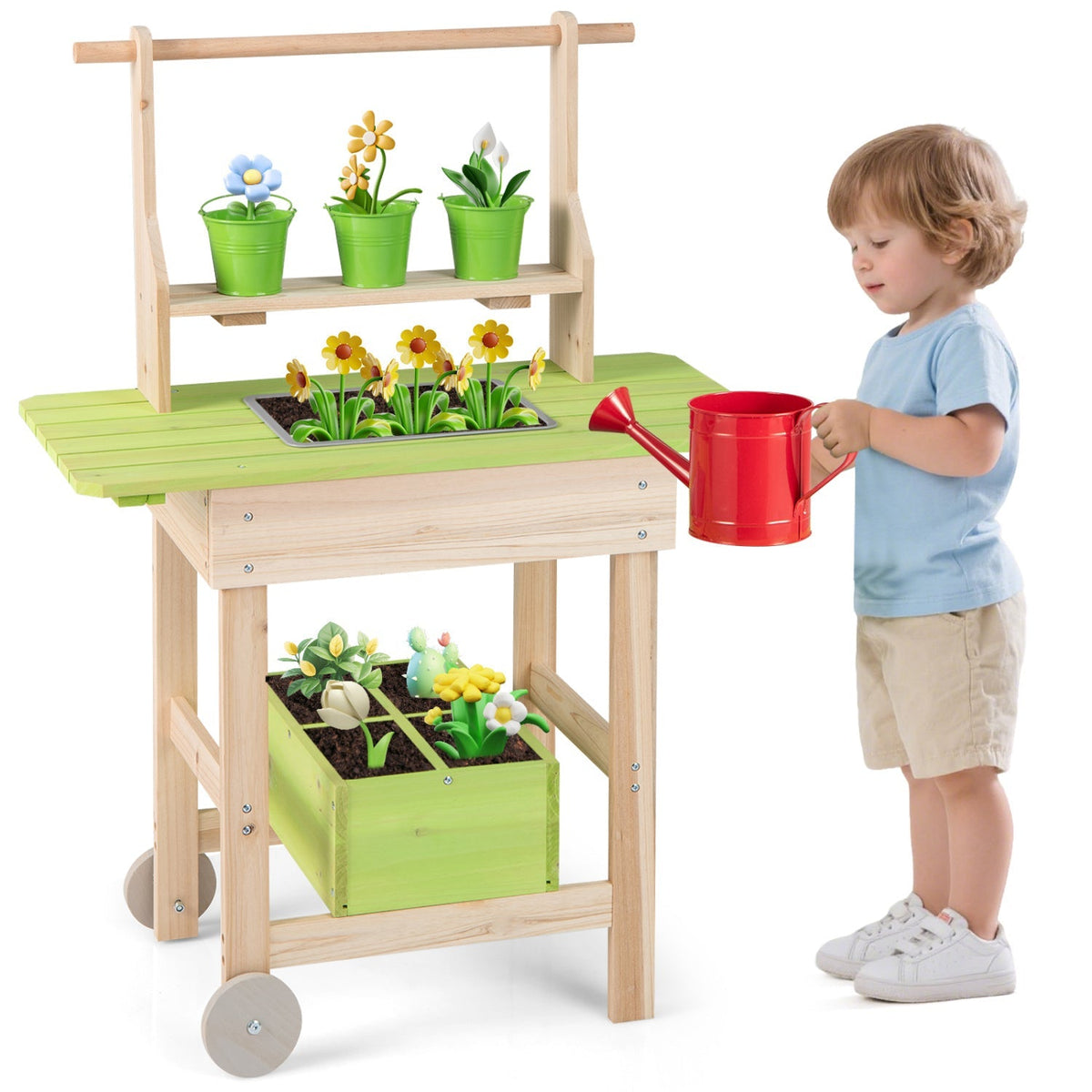 Kids mud kitchen by GBruno Store featuring removable pots, planting trough, and child-friendly play kitchen setup outdoors.
