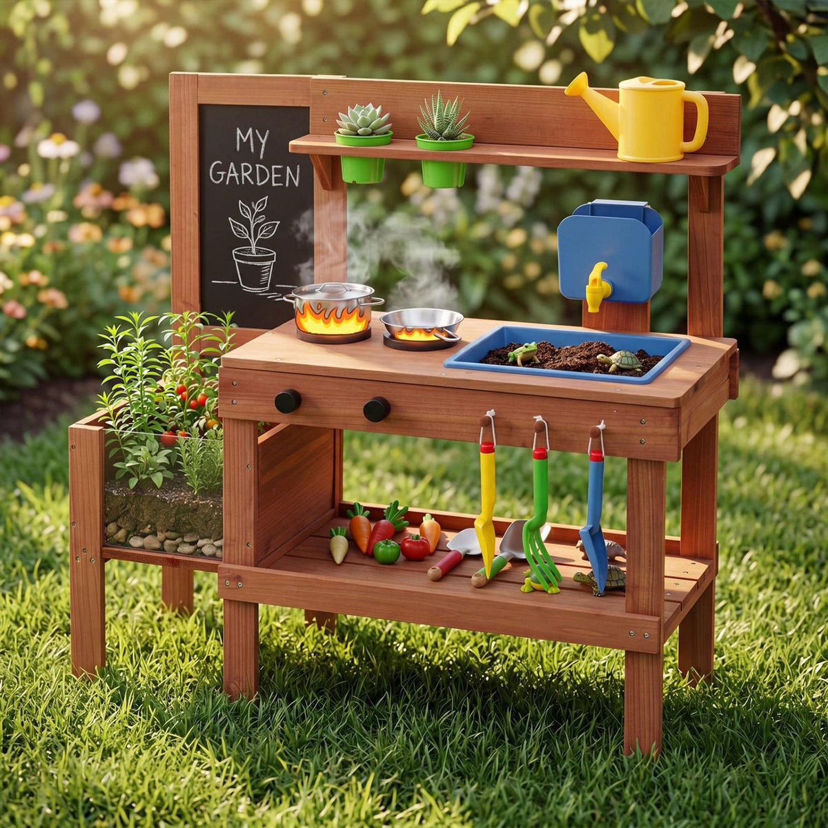 Kids mud kitchen play set with planter box and 13 accessories, featuring colorful pretend cooking and gardening tools.