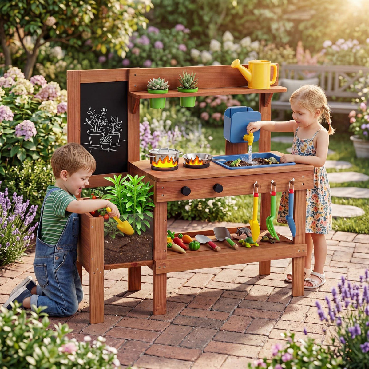 Kids mud kitchen play set with planter box and 13 accessories, featuring colorful outdoor play equipment for imaginative fun.