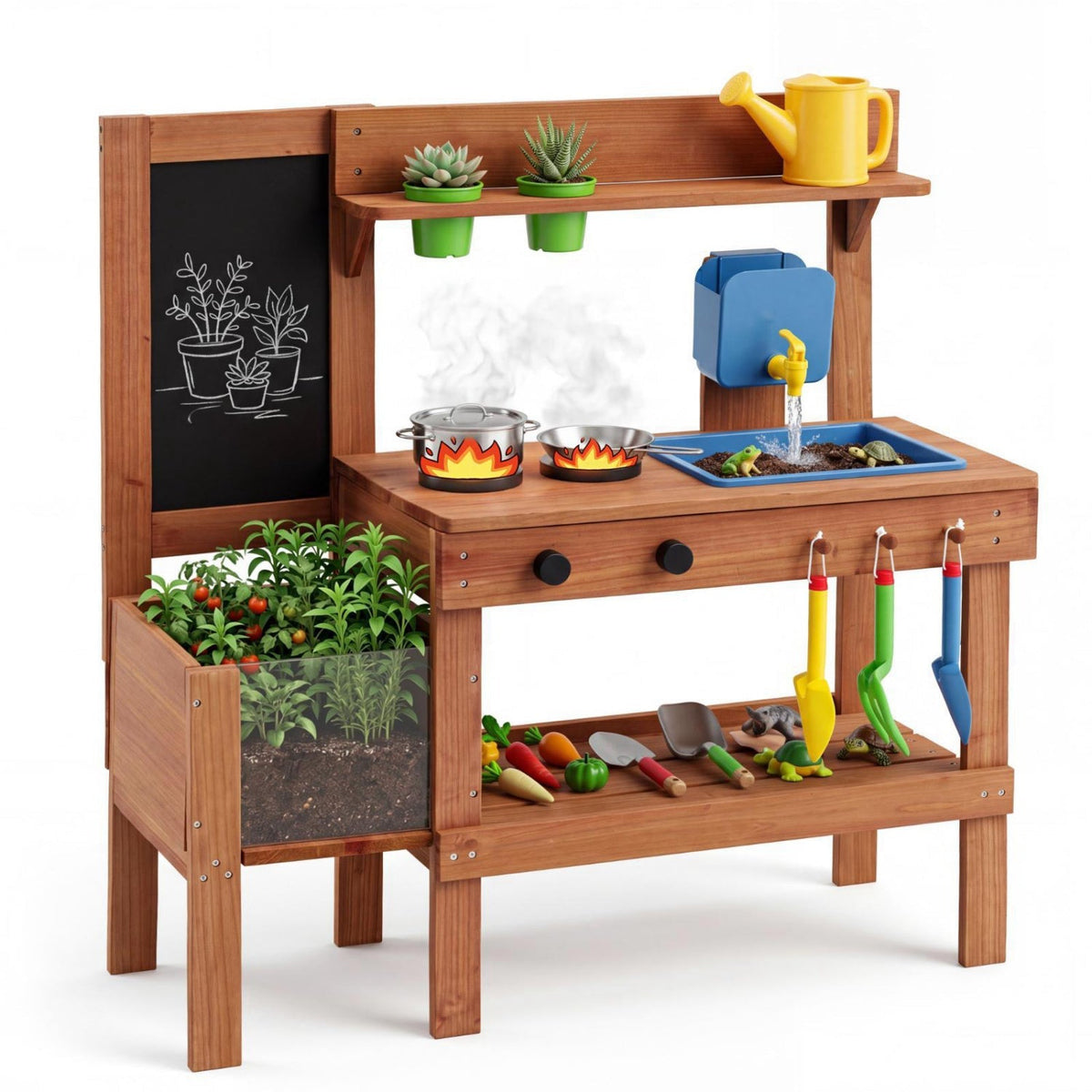 Kids mud kitchen play set with planter box and 13 accessories, featuring wooden construction and outdoor imaginative play features.