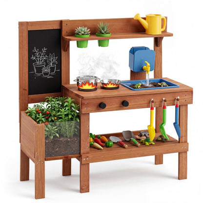 Kids mud kitchen play set with planter box and 13 accessories, featuring wooden construction and outdoor imaginative play features.