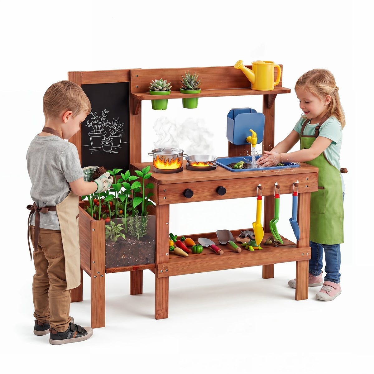 Kids mud kitchen play set with planter box and 13 accessories, featuring colorful outdoor play equipment for imaginative fun.