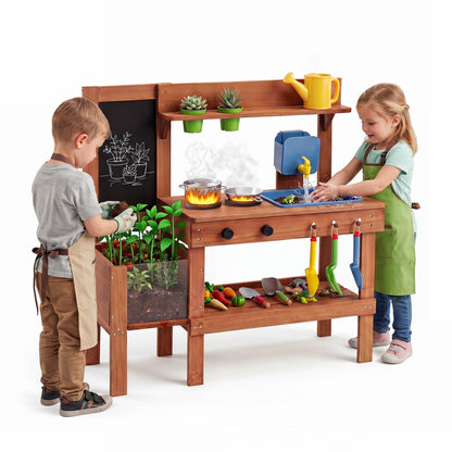 Kids mud kitchen play set with planter box and 13 accessories, featuring colorful outdoor play equipment for imaginative fun.