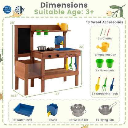 Kids mud kitchen play set with planter box and 13 accessories, featuring child-sized outdoor play kitchen from GBruno Store.