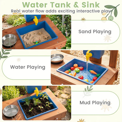 Kids mud kitchen play set with planter box and 13 accessories, featuring colorful outdoor play equipment for children.