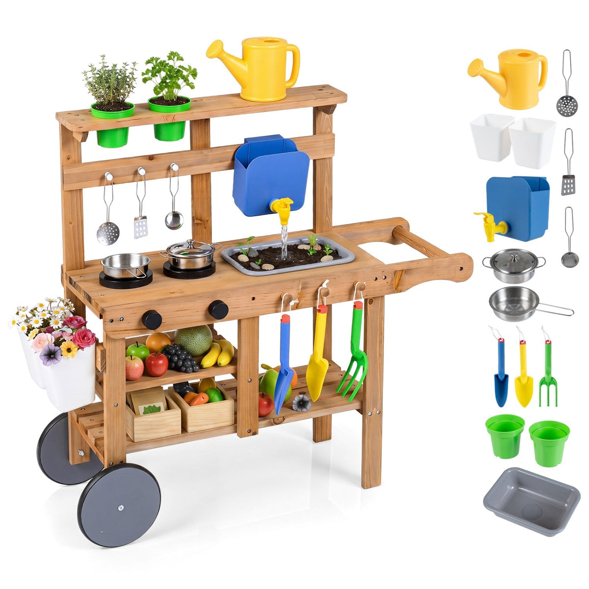 Kids mud kitchen play set with water tank, sink, and 15 accessories, designed for outdoor imaginative play.