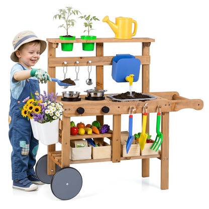 Kids mud kitchen by GBruno Store with water tank, sink, and 15 accessories for outdoor imaginative play.