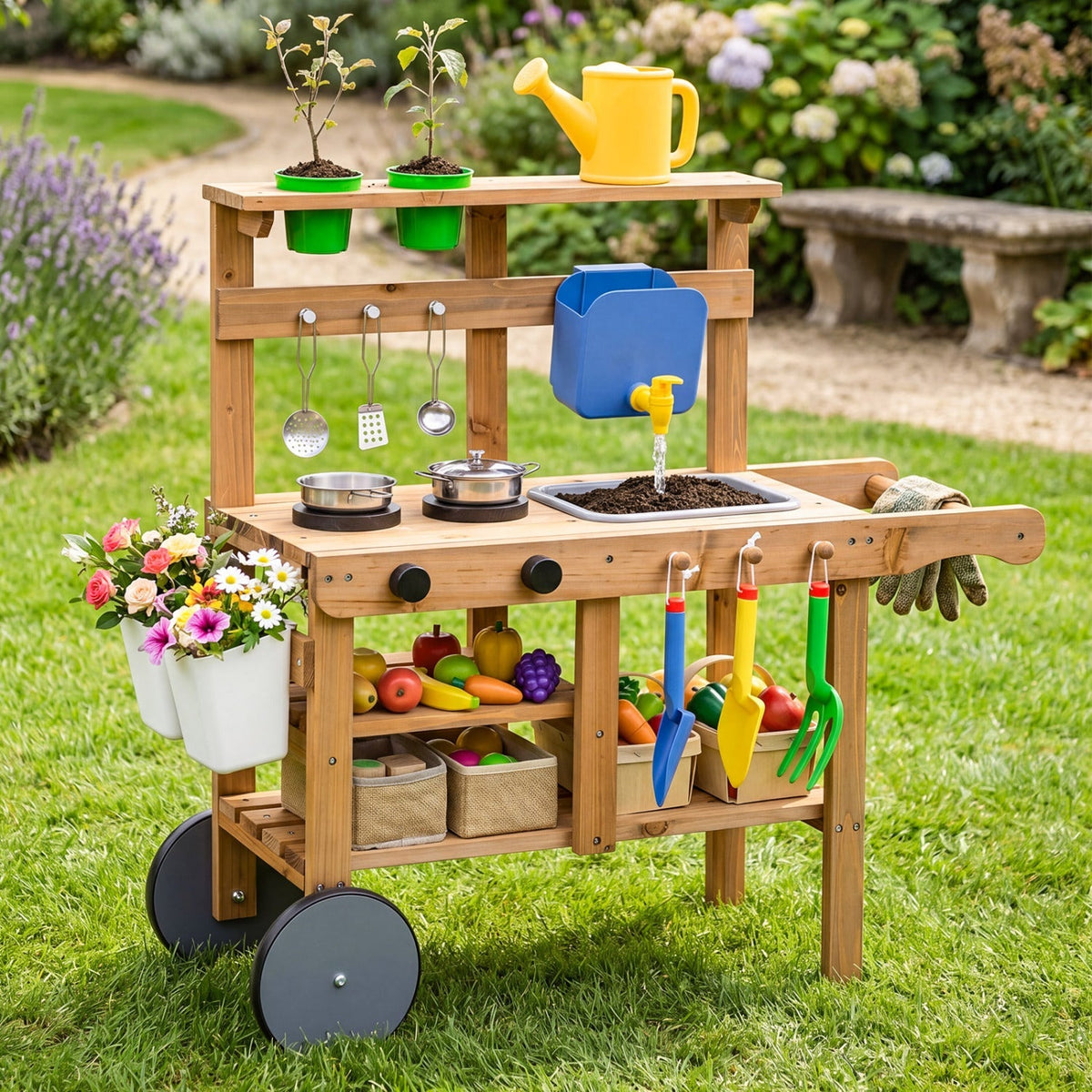 Kids mud kitchen play set with water tank, sink, and 15 accessories for outdoor imaginative play by GBruno Store.